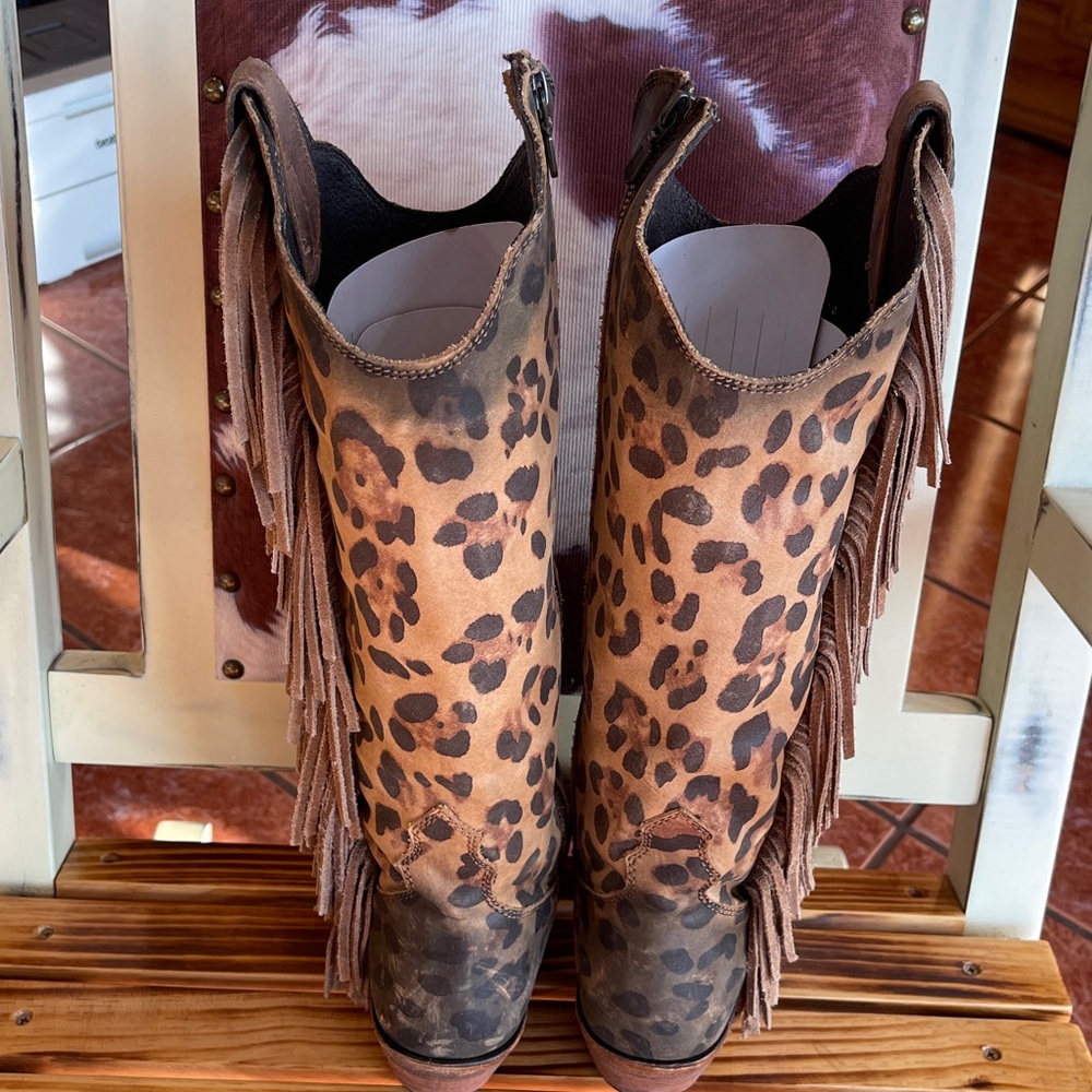 Liberty Black Ophelia Chita Miel Leopard 
Print Leather Fringe Boots Size 8 - Picture 5 of 7